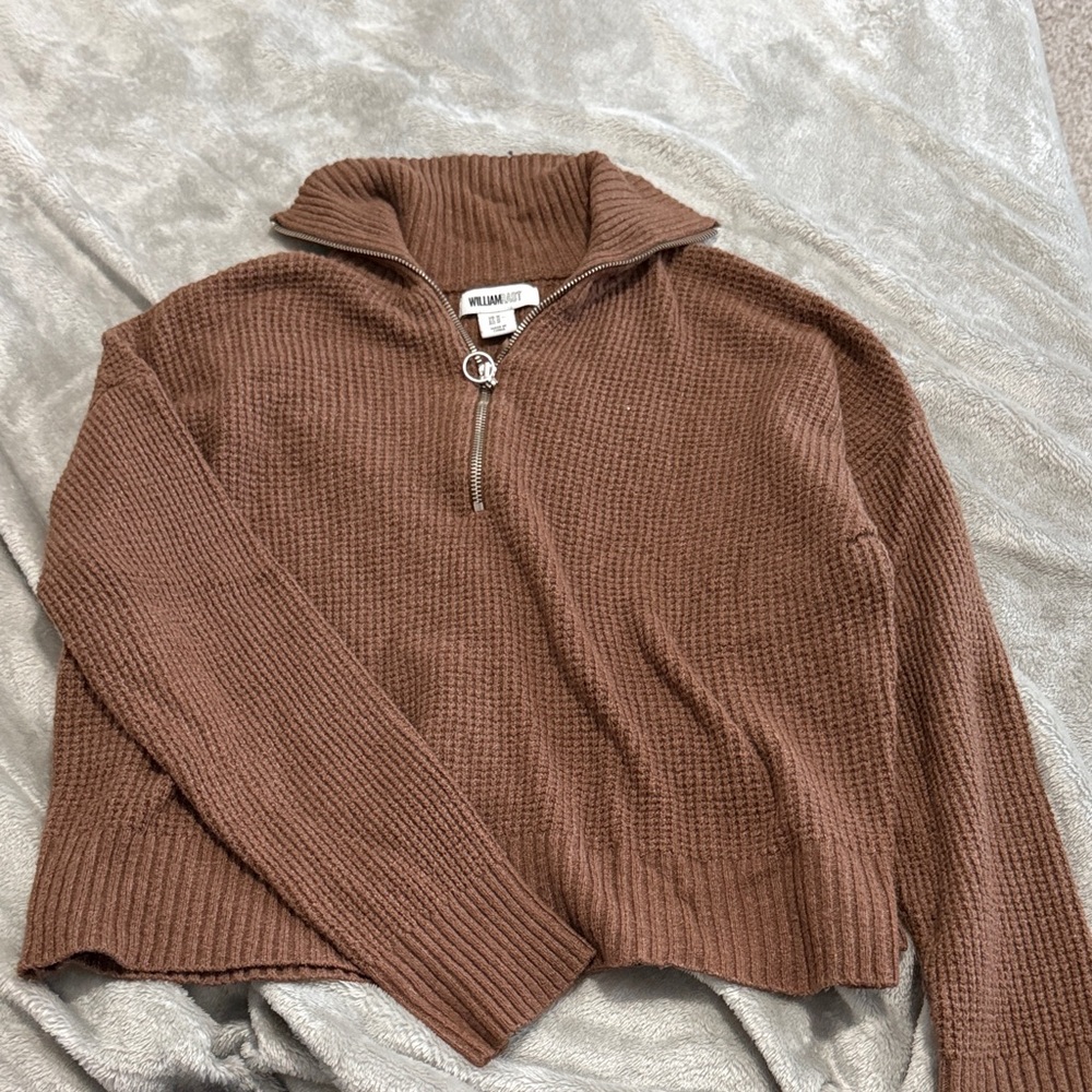 William Rast Brown Waffle-Knit Half-Zip Funnel Neck Sweater